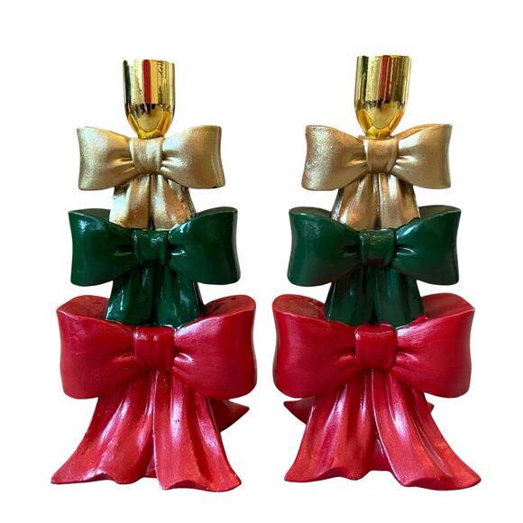 Tahari Home Christmas Bow Candle Stick Holder Holiday Red Green Gold VIRAL New